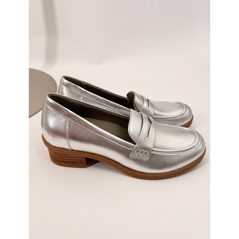 Dansko Penny Loafers Womens 38 Silver Metallic Leather Block Heel Comfort Shoe